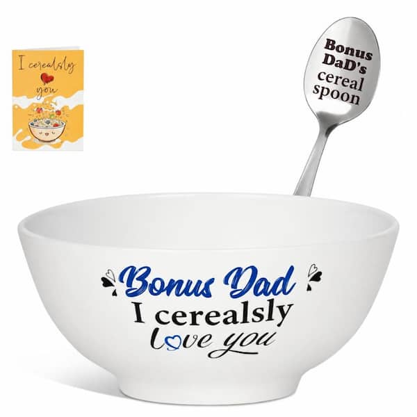 Ceramic Cereal Bowl Set with Stainless Steel Spoon and Greeting Card 5.9 in Bowl for Bonus Parent Gift
