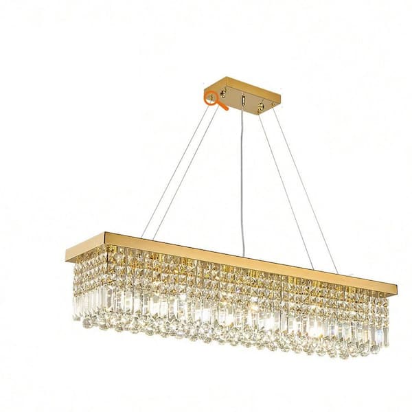Pacific Core Modern 8-Lights Gold Rectangular Raindrop Crystal Chandelier Pendant Lighting for Dining Room Kitchen Island