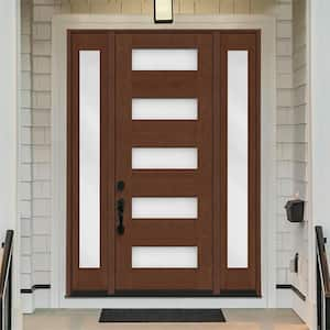 Regency 64 in. x 96 in. 5L Modern Frosted Glass RH Chestnut Stain Mahogany Fiberglass Prehung Front Door w/Dbl 12in.SL