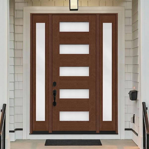 Regency 64 in. x 96 in. 5L Modern Frosted Glass RH Chestnut Stain Mahogany Fiberglass Prehung Front Door w/Dbl 12in.SL