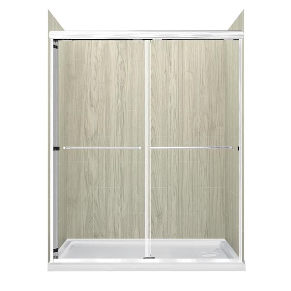 CRAFT + MAIN Cove Sliding 60 in. L x 32 in. W x 78 in. H Right Drain Alcove Shower Stall Kit in Driftwood and Silver Hardware