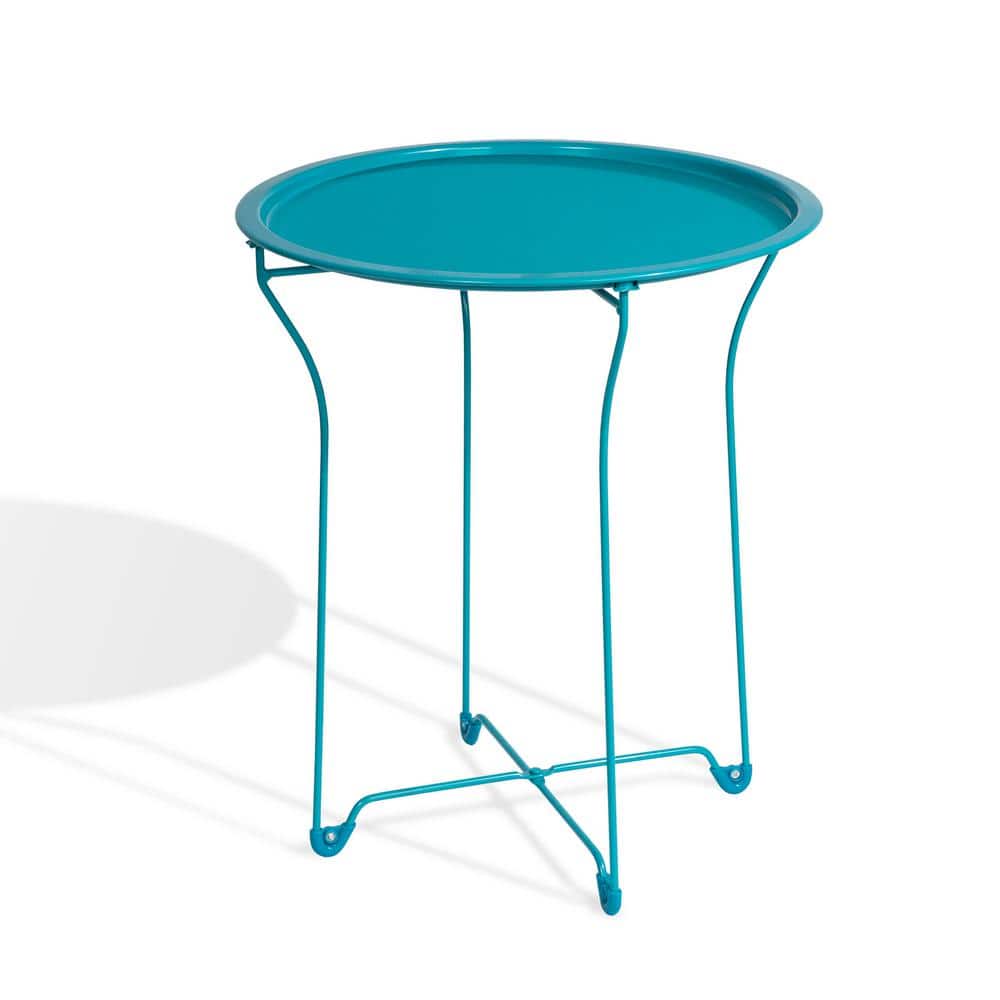 Atlantic Round Metal Tray Capri Breeze End Side Table, Removable Tray Outdoor and Indoor Drink Snack, Coffee Table, Blue