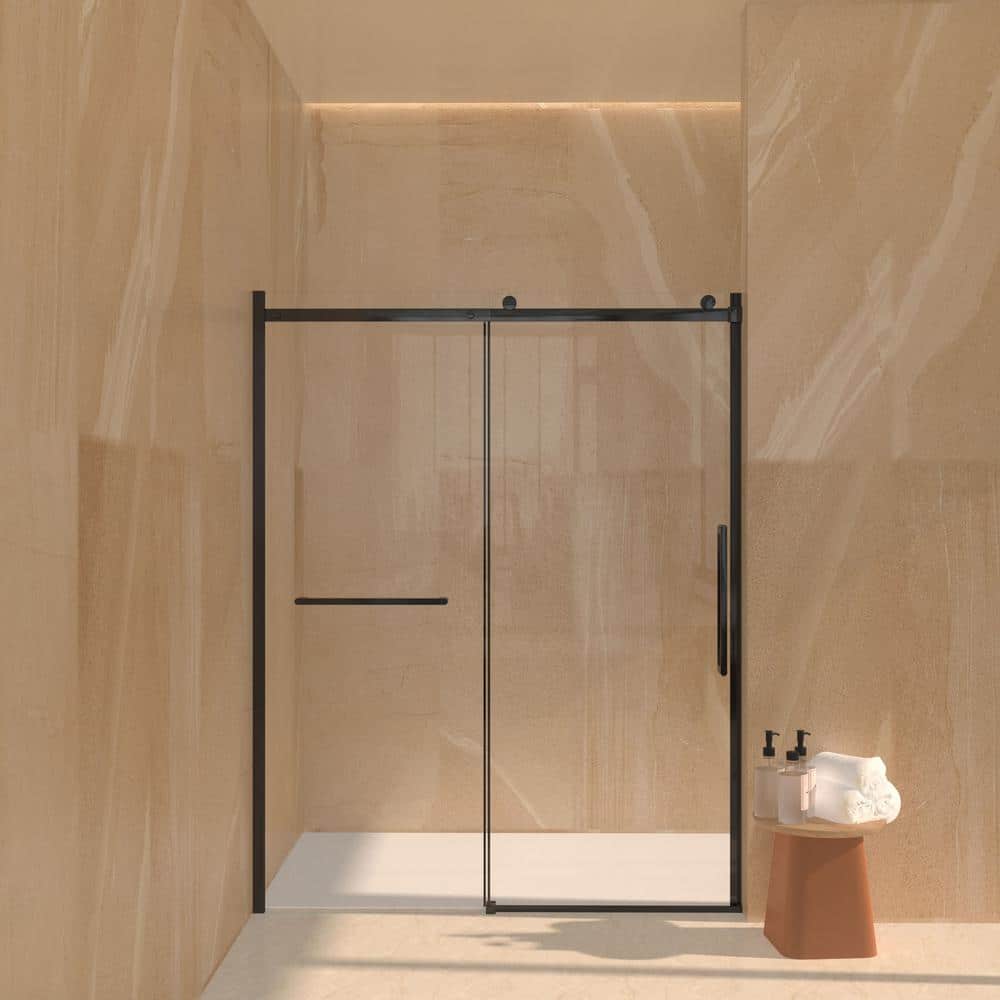 60 in. W x 76 in. H Sliding Frameless Shower Door in Matt BlackFinish with 