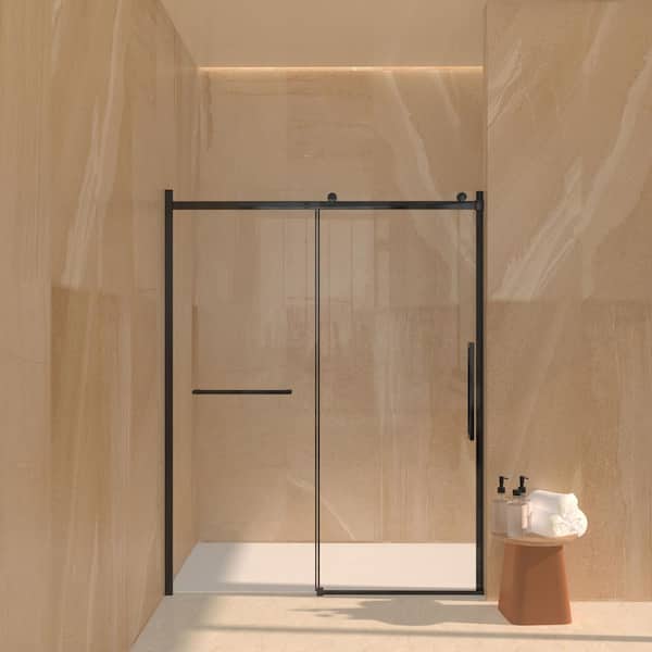 Unbranded 60 in. W x 76 in. H Sliding Frameless Shower Door in Matt BlackFinish with Clear Glass