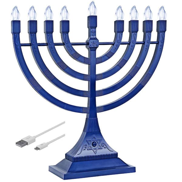 11.75 in. Blue Plastic Electronic Hanukkah Menorah Included Flameless Chanukkah Candles Holder Christmas