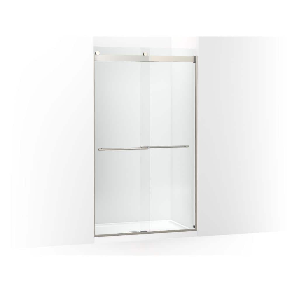 Levity Frameless Sliding Shower Door with Anodized Brushed Nickel Finish and Crystal Clear Glass