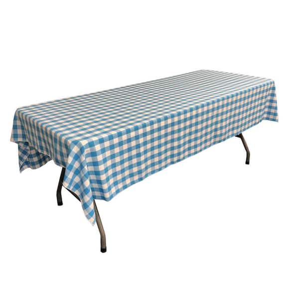LA Linen 60 in. x 84 in. White and Turquoise Checkered Rectangular Tablecloth