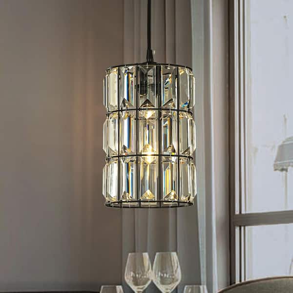ALOA DECOR 1-Light 7" Modern Glam Matte Black Single Crystal Pendant Light Mini Elegant Crystal Drum Chandelier for Kitchen Island