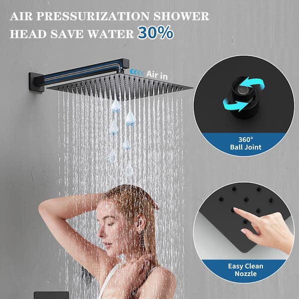 3-Spray Single Handle Wall Mount 12 in. Shower Faucet Shower Head 2.5 GPM with High-Pressure 6-Jets in. Matte Black