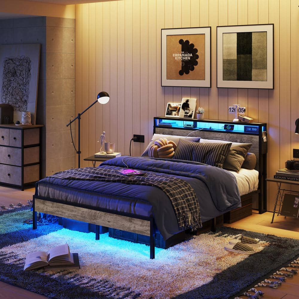 Bestier Queen Size Metal Frame Bed with LED Headboard and Storage