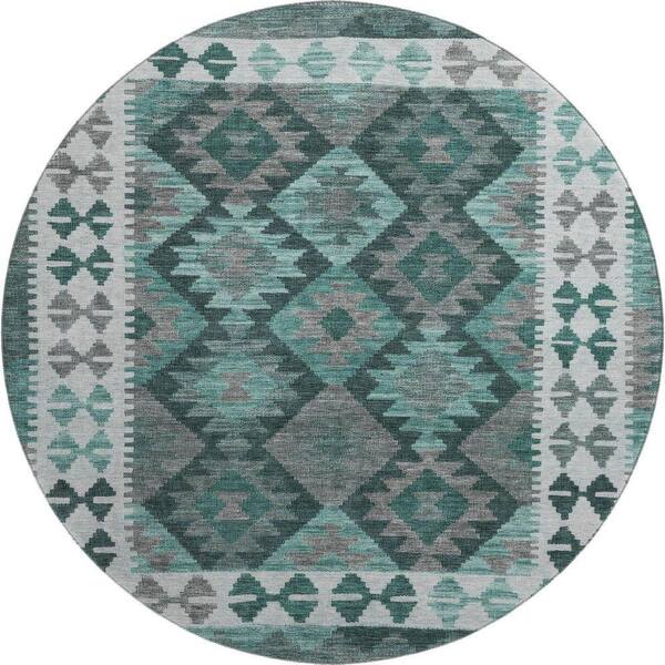 Mayfield Premium Machine Washable Abstract AMF1915 Seafoam 8 ft. x 8 ft. Round Rug