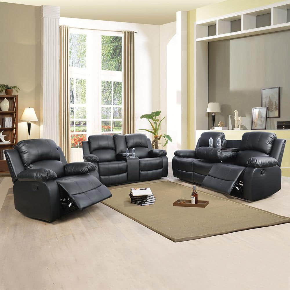 82 in. W Pillow Top Arm Faux Leather Rectangle Reclining Sofa in Black