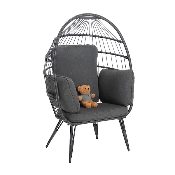 HOMEFUN Black Wicker Steel Frame Outdoor Egg Lounge Chair with Gray Cushion