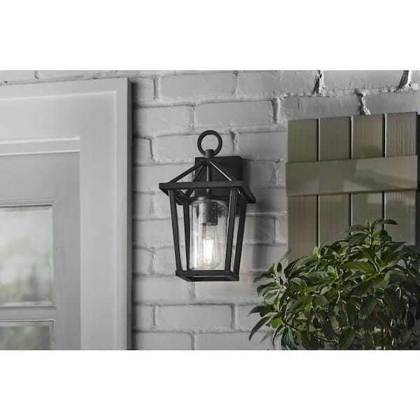 Jill 16 in. 1-Light Textured Black and Weathered Zinc Hardwired Outdoor Wall Sconce Light with Clear Seedy Glass