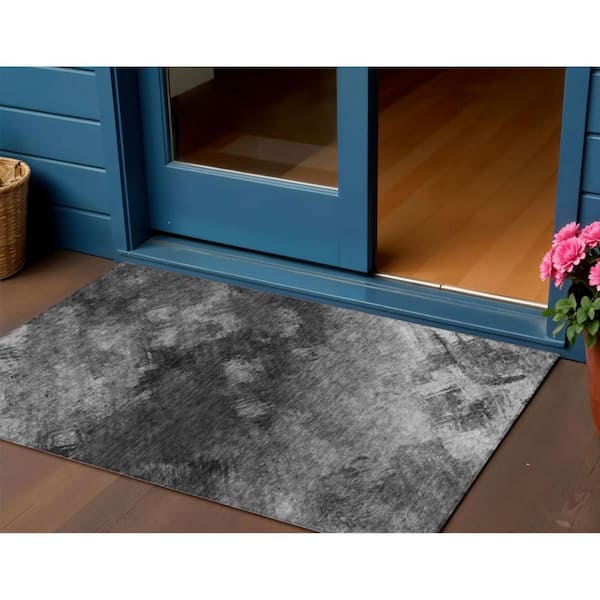 Gray, Charcoal, Silver 3 ft. x 5 ft.  Woven Abstract Polyester Rectangle Indoor / Outdoor Area Rug