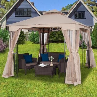 10 ft. x 10 ft. Khaki Soft Top Steel Outdoor Patio Gazebo with Netting and Shelves