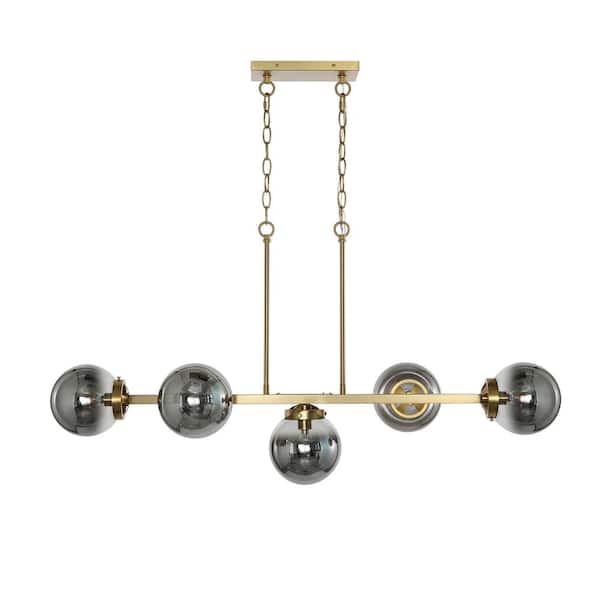WINGBO 5-Light Brass Modern Chandelier, Sputnik Pedant Light Fixture with Large Smoked Gray Glass Globe Shade