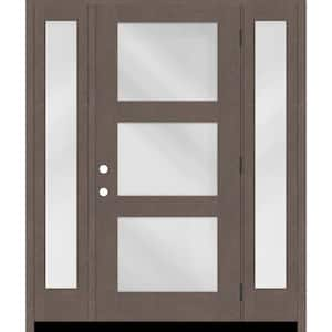 Regency 64" x 80" Modern 3 Lite Equal Clear Glass LHOS Ashwood Mahogany Fiberglass Prehung Front Door w/Dbl 12" SL