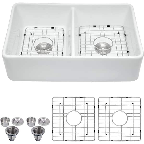 White Ceramic 32 .25 in. Double Bowl Farmhouse Apron Front Kitchen Sink with Bottom Grids and Strainer