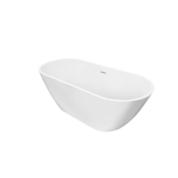 Tileon 67 in. Acrylic Flatbottom Freestanding Soaking Bathtub in White with Brass Drain and Stainless Overflow