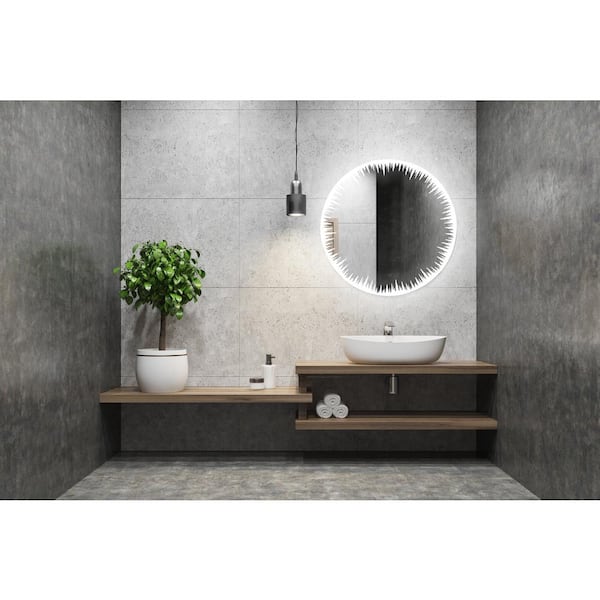 Flame 48 in. Round LED Lighted Bathroom Mirror, Defogger