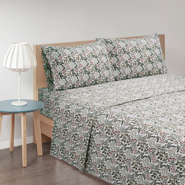 Pine Flower 4-piece Microfiber White King Sheet Set