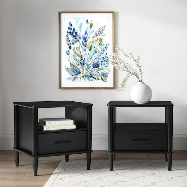 1-Drawer Black Solid Wood Transitional Storage Nightstand Tapered Legs, (Set of 2)
