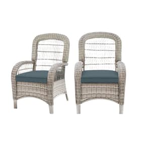 Beacon Park Gray Wicker Outdoor Patio Captain Dining Chair with Sunbrella Denim Blue Cushions (2-Pack)