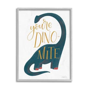 "You're Dino-Mite Phrase Blue Long Neck Dinosaur" by Becky Thorns Framed Animal Wall Art Print 11 in. x 14 in.