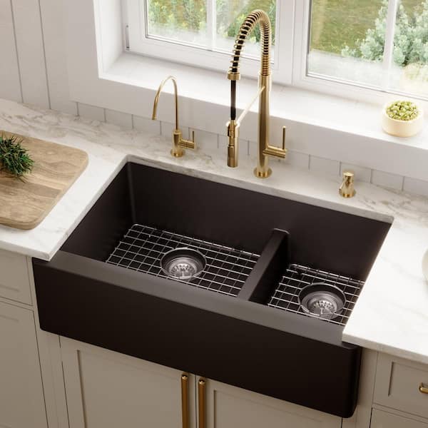 QA-760 Quartz/Granite 34 in. Double Bowl 60/40 Farmhouse/Apron Front Kitchen Sink in Black with Grid and Strainer