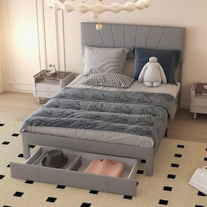 Gray Wood Frame Queen Upholstered Platform Bed with Drawer Adjustable Headboard