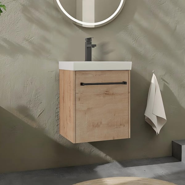 Modern 17.3 in.W X 13.5 in. D x 21.3 in. H Floating Bath Vanity Cabinet in Imitative Oak with White Ceramic Top