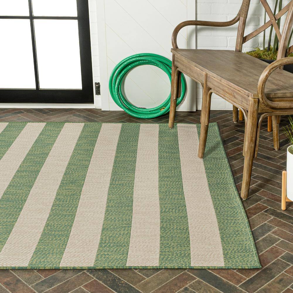 Ivory and Green Wide Stripe 5x8 Synthetic Area Rug