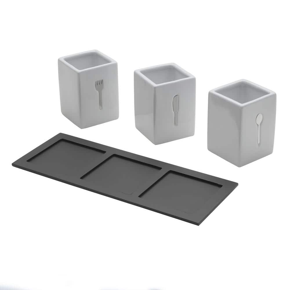 White Ceramic Flatware Caddy Set with Black Wood Tray