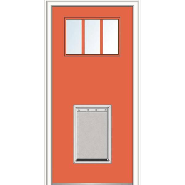 MMI Door 32 in. x 80 in. Classic Right-Hand 3-Lite Clear Painted Fiberglass Smooth Prehung Back Door with Extra Large Pet Door