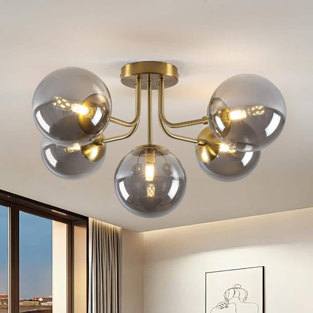 23.8 in. 5-Light Brushed Gold Sputnik Semi-Flush Mount Ceiling Light with Smoke Glass Globe Shades for Bedroom price history on PriceWatchPro