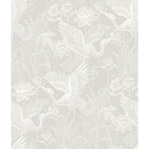 60.75 sq. ft. Grey White Heron Floral Stringcloth Paper Unpasted Wallpaper Roll