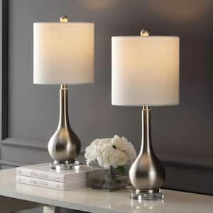 Dylan 25 in. Metal/Crystal Teardrop LED Table Lamp Set with White Linen Shade and Crystal Base, Nickel (Set of 2)