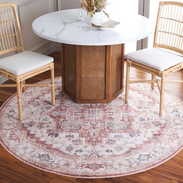 Arizona Beige/Rust 6 ft. x 6 ft. Distressed Border Ornate Machine Washable Round Area Rug