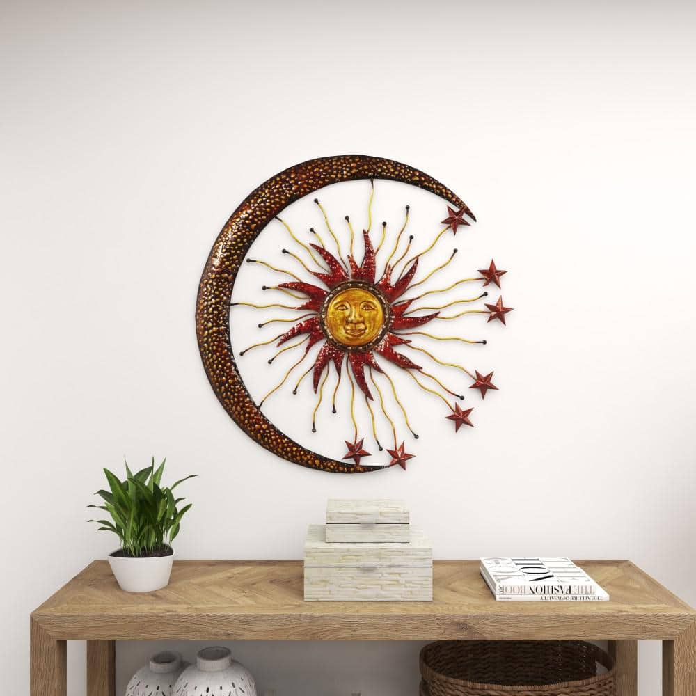 Copper and Red Metal Sun Moon Starburst Wall Sculpture