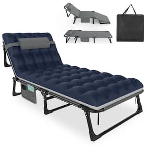 Dgsea 3 in 1 Folding Portable Camping Cot Bed, Adjustable Patio Chaise Lounge Chair, Striped Gray Cot + Gray/Blue Pad