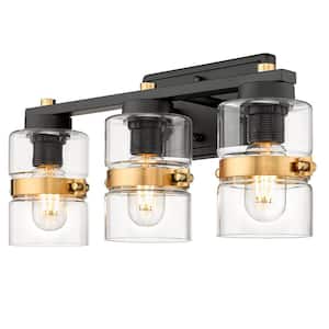 17.3 in. 3-Light Black Gold Vanity Light with Clear Glass Shade Sconce Wall Lighting