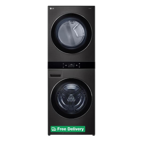 WashTower Stacked SMART Laundry Center 5.0 Cu.Ft. Front Load Washer & 7.4 Cu.Ft. Gas Dryer in Black Steel w/ Steam
