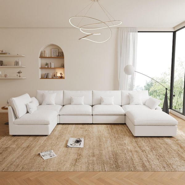 196 in. W Square Arm Linen Upholstered Rectangle 5-Seater Sectional Sofa with Ottoman in White
