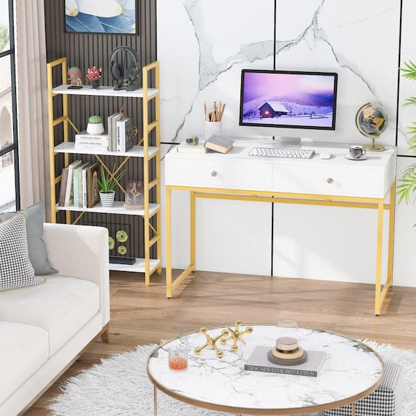 47 Modern White Rectangular Home Office Desk with Pine Wood Table Top &  Gold Frame