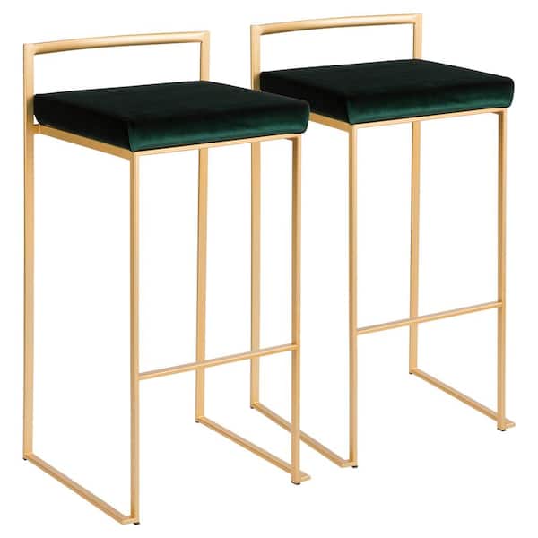 Lumisource Fuji 30 in. Gold Stackable Bar Stool with Green Velvet Cushion (Set of 2)