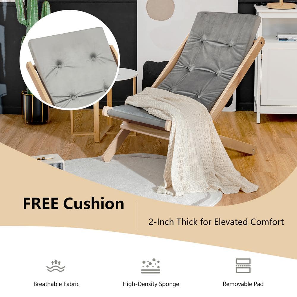Foldable Natural Beech Wood Sling Chair with Gray Cushion