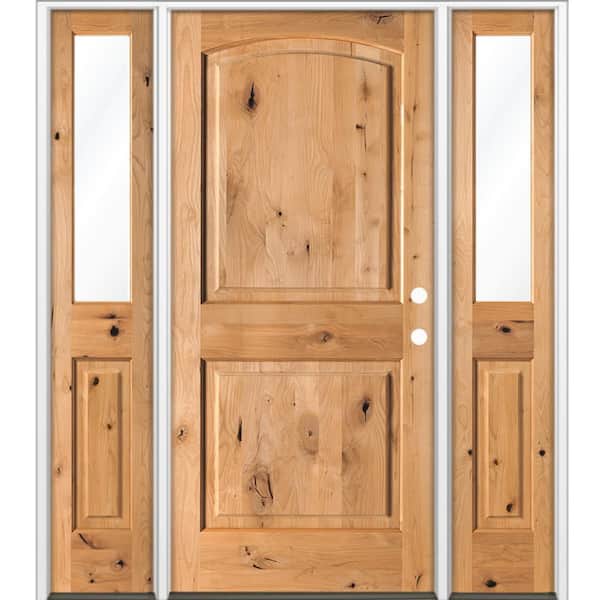64 in. x 80 in. Knotty Alder 2-Panel Arch-Top Left-H and/Inswing Clear Glass Cedar Stain Wood Prehung Front Door W/DHSL