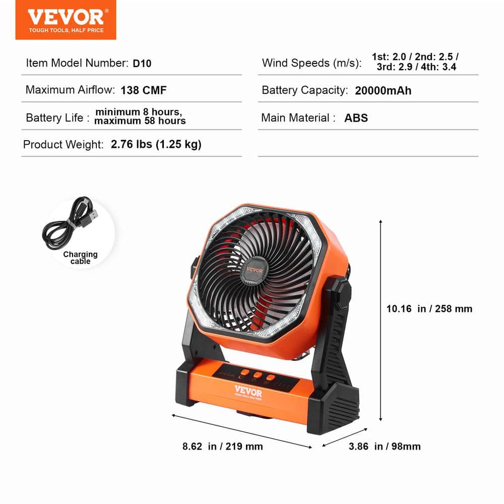 VEVOR 8-Inch Orange Rechargeable Desk Fan with LED Lantern