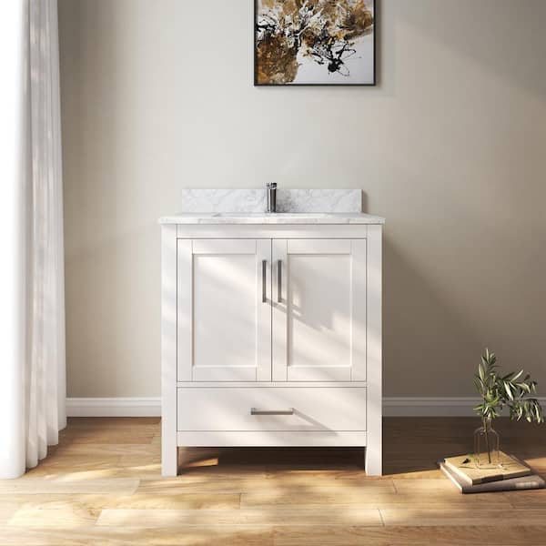 30 in. W x 22 in. D x 35 in. H Single Sink Bath Vanity Cabinet in White with Cultured Marble Top